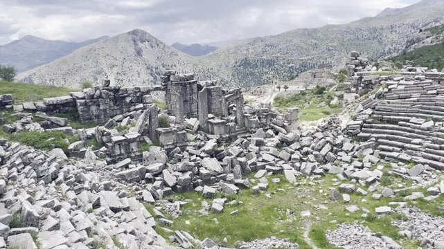Wide aerial perspective of the historic mountain slopes hiding the extensive Roman ruins of Sagalassos archaeological reserve, Turkey