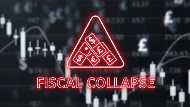 Fiscal Collapse Neon Sign Concept Depicting Financial Crisis and Bear Market Stock Trading Trends on Dark Background