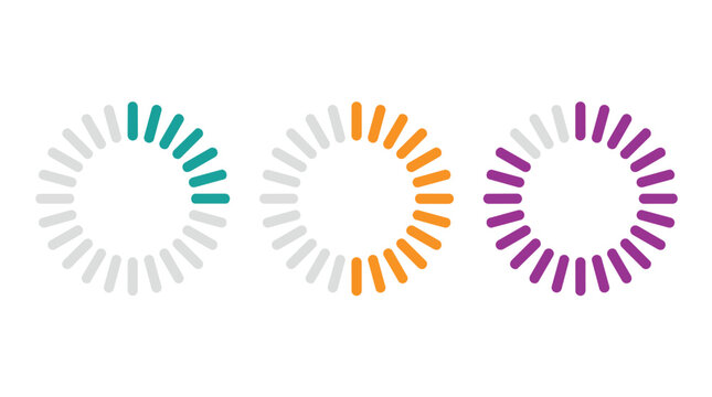Circular progress bar indicators featuring segmented loading animation steps in minimalist flat vector for software interface design