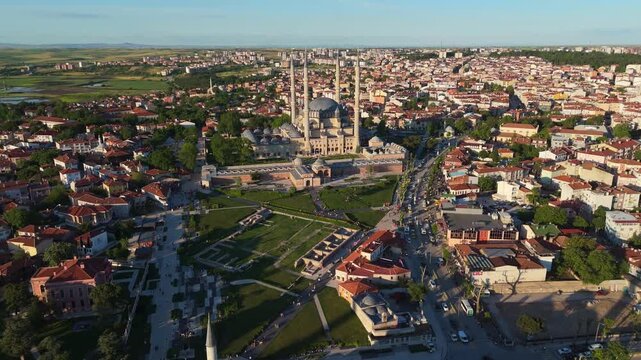 High altitude aerial drone panorama overlooking the magnificent grand mosque architecture and traditional residential neighborhoods of Edirne, Turkey