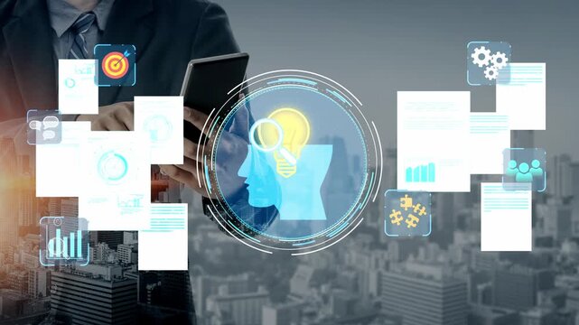 Professional man using smartphone with digital interface showing data analytics and innovative ideas in a modern urban environment. Entropy.