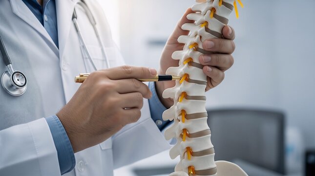 Doctor explaining human spine anatomy model to patient with healthcare orthopedic vertebrae skeleton physician diagnosis education consultation clinical medicine