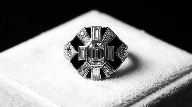Art deco style diamond and black onyx ring on white velvet cushion