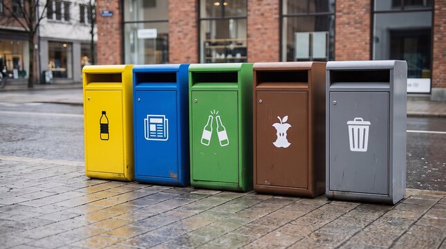 Five colorful waste recycling bins with sorted trash symbols on a city sidewalk recycling environment sustainability management collection conservation pollution