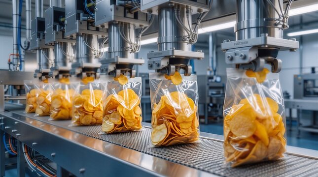 Automatic snack food packaging machine in a modern factory with packaging production industrial manufacturing automated conveyor automatic technology facility