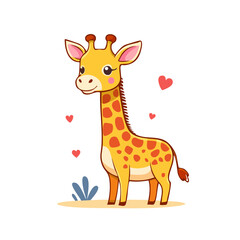 Obraz premium Cute cartoon giraffe with hearts and plant