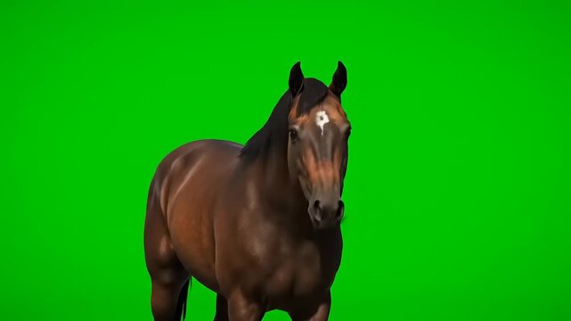Majestic Brown Horse Standing Still on a Vibrant Green Screen Background.