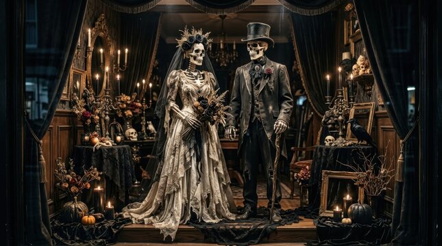 Elegant skeleton wedding couple framed by curtains for Halloween gothic display.