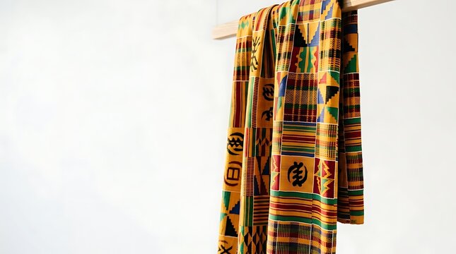 Vibrant african kente cloth hanging on a wooden rod