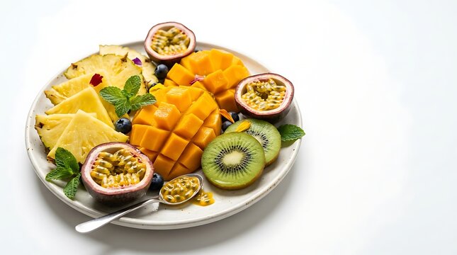 Fresh tropical fruit platter with mango passion fruit and kiwi