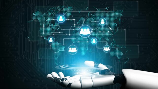 Futuristic robotic hand presenting digital network with people icons across world map on technology background for social connection and innovation themes. Entropy.