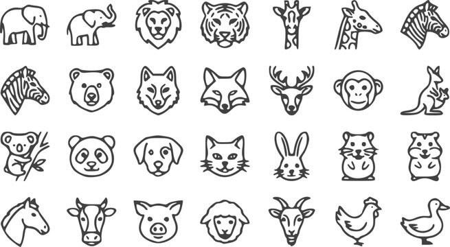 Animal Face Line Icons Vector Set &ndash; Lion, Tiger, Elephant, Giraffe, Zebra, Panda & Farm Animals