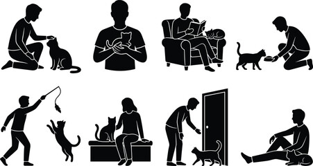 Plakat People caring for cats silhouette collection featuring feeding playing petting and holding domestic pets at home