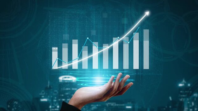 A hand extends towards a digital chart displaying upward trends, representing business growth and financial success in a modern urban environment. Copula