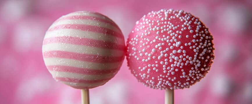 Pink cake pops, striped and sprinkled, close-up. Pink background, sweet treat