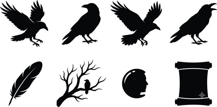 Raven and crow silhouettes collection featuring flying birds branch feather scroll and crystal ball gothic elements