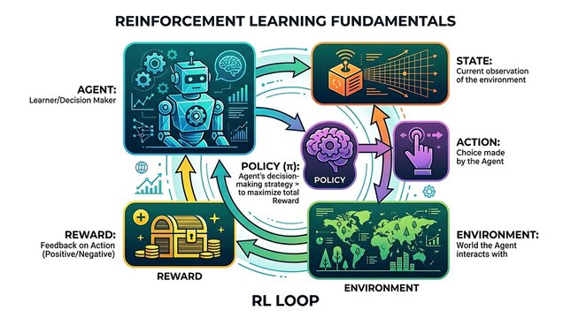 Reinforcement learning fundamentals infographic with machine learning loop