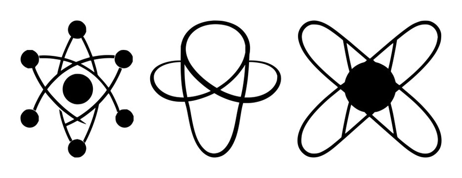 Quantum computing qubit atom set with solid black icon on white background featuring quantum computing, qubit, atom with symbolic and scientific