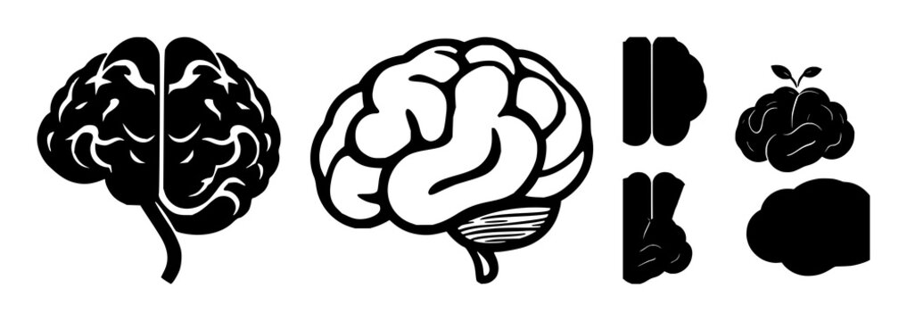 Brain icon set with solid black line and white background featuring learning, memory, cognition with stylized brain and abstract symbol