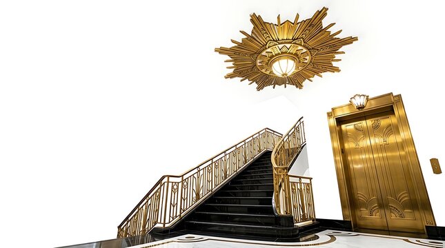 Luxurious interior featuring golden elevator and grand staircase