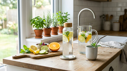 Fototapeta premium Fresh homemade fruit infused water with citrus slices and herbs on rustic kitchen countertop beverage refreshing homemade countertop interior lifestyle wellness nutrition