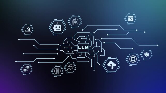 Neural network blueprint visualizing a large language model architecture processing massive datasets simultaneously.