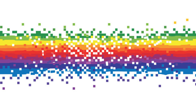 Vibrant rainbow color spectrum dissolving into a cloud of small square pixels against a clean white background.