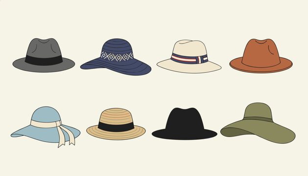 Diverse collection of stylish hats for men and women including fedoras sun hats and straw hats in various colors.