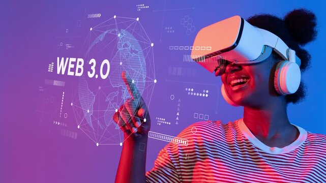 Engaging Woman using Virtual Reality Headset with WEB 3.0 Graphics in a Vibrant Blue and Purple Background, Symbolizing Technological Innovation and Digital Future. Entropy.