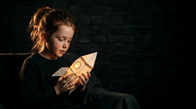 Little girl holding a glowing toy paper rocket in the dark