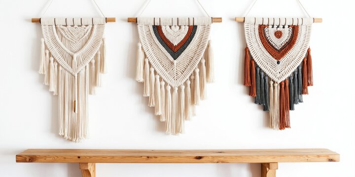 Three macrame wall hangings with tassels and intricate patterns displayed on a wooden shelf against a white wall. Variety of textures and colors include beige, white, rust, and grey.