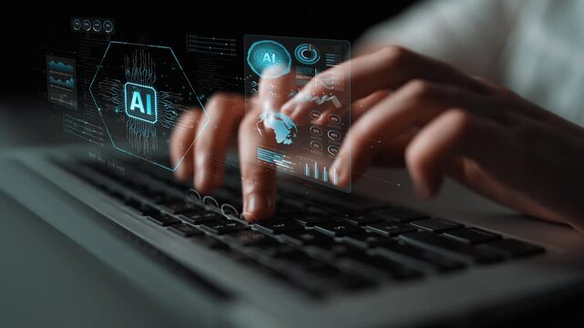 Hands Typing on Laptop Keyboard with Futuristic AI Technology Graphics Displayed in Digital Interface for Innovation and Modern Computing Concept Development Sigmoid