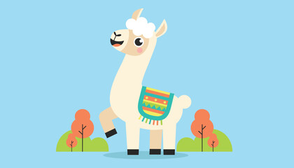 Fototapeta premium Cute smiling llama wearing a colorful traditional blanket standing in a stylized landscape with orange trees and blue sky.