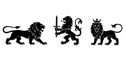 collection of heraldic lion silhouettes for emblems or logo designs.  © Soepras