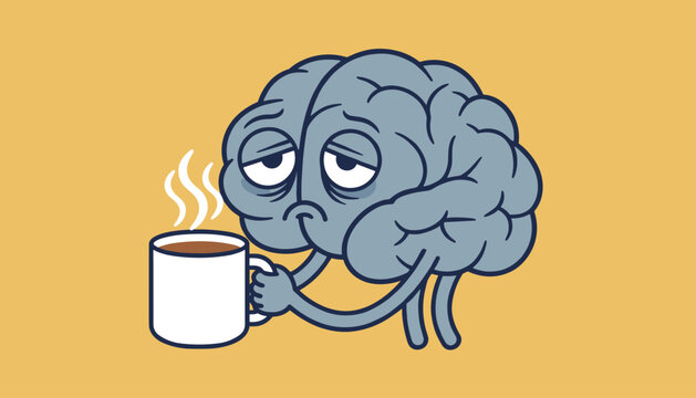 Tired human brain character with droopy eyes holding a hot cup of steaming coffee to wake up and start the morning.