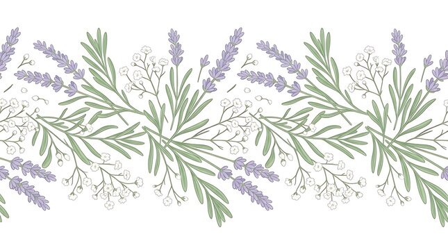 Delicate lavender and gypsophila flowers in a horizontal border