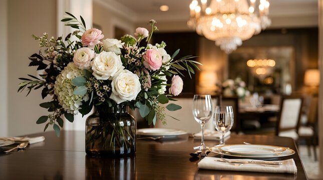 Elegant floral centerpiece on a dining table set for a formal event.
