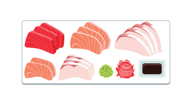 Delicious Fresh Sashimi Set Featuring Raw Salmon Tuna White Fish Slices with Wasabi Ginger and Soy Sauce