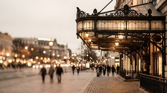 Elegant vintage hotel entrance with wrought iron canopy on city street