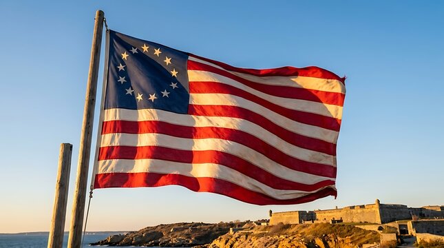 Historic betsy ross american flag waving in the wind against a blue sky. 13 colonies flag