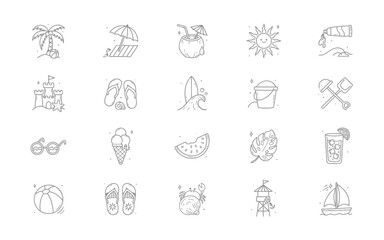 Naklejka premium Summer icons, beach symbols, line art graphics, 20 illustration set