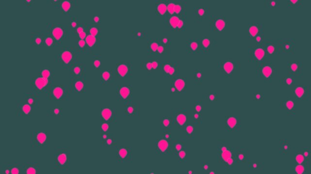 Pink map location pin icons floating on a dark background motion