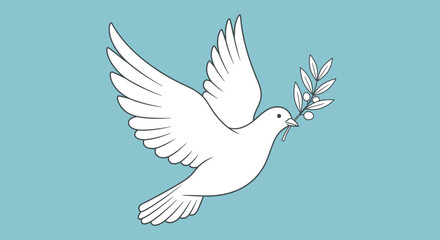 Fototapeta premium White dove flying with an olive branch, symbolizing peace, hope, and freedom against a serene blue background