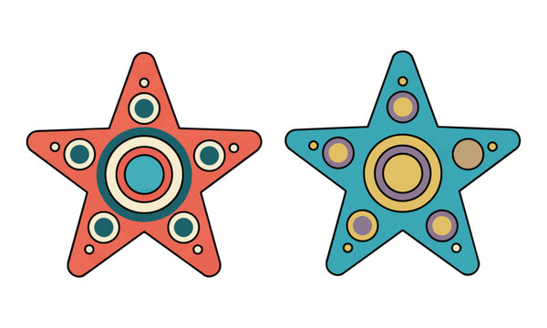 Two minimalist starfish with geometric circular patterns arranged side by side on a solid white background nature and marine life concept