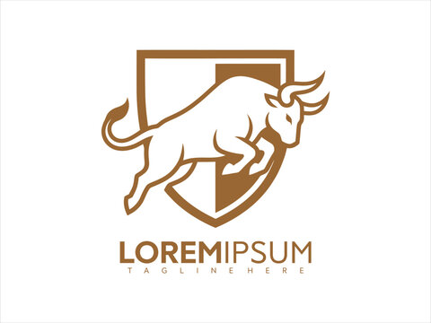 Brown bull logo design with shield and lorem ipsum text on white background for business branding and marketing materials vector graphic illustration
