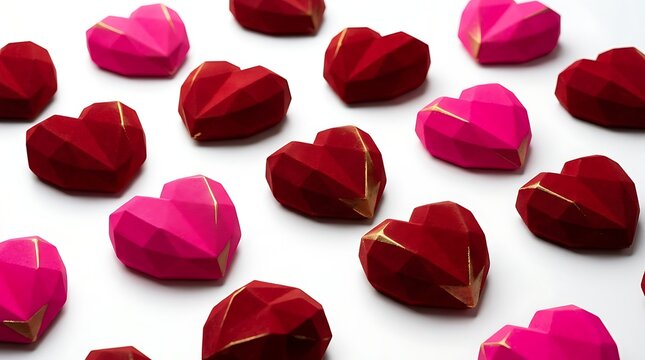 Red and pink faceted hearts with gold accents on white background
