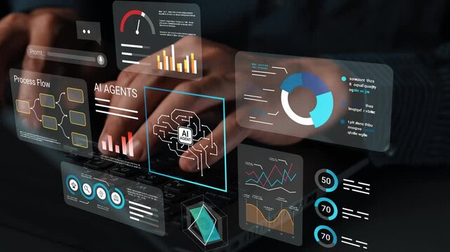 Futuristic Digital Dashboard with Data Analytics and AI Interaction in a Modern Workspace Featuring Hands on a Laptop Gluon.