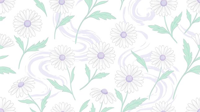 Seamless floral pattern featuring white daisies and green leaves