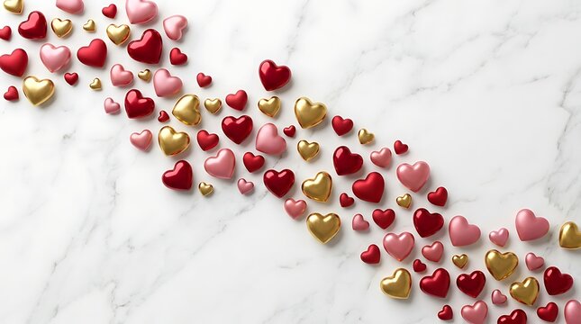 Red gold and pink 3d hearts arranged diagonally on marble background