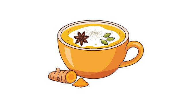 Healthy Golden Turmeric Milk Latte with Star Anise Cardamom and Fresh Turmeric Root in Orange Coffee Mug